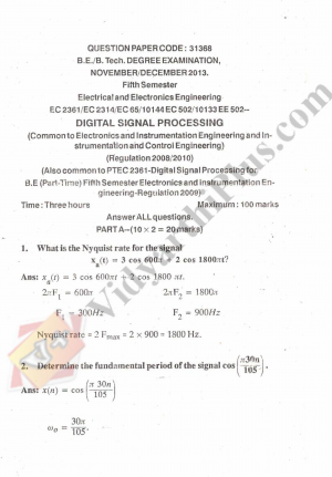 Digital Signal Processing Solved Question Paper - 2015 Edition