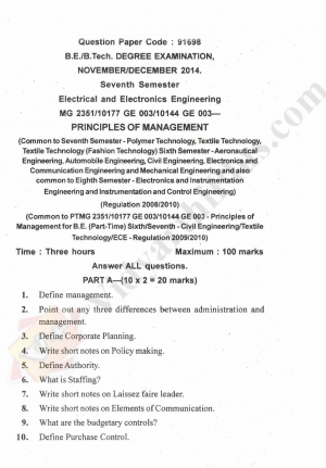 Principles Of Management Solved Question Papers - 2015 Edition
