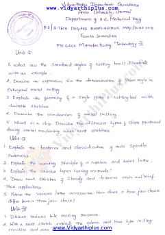 Manufacturing Technology - II May June 2015 Important Questions.png